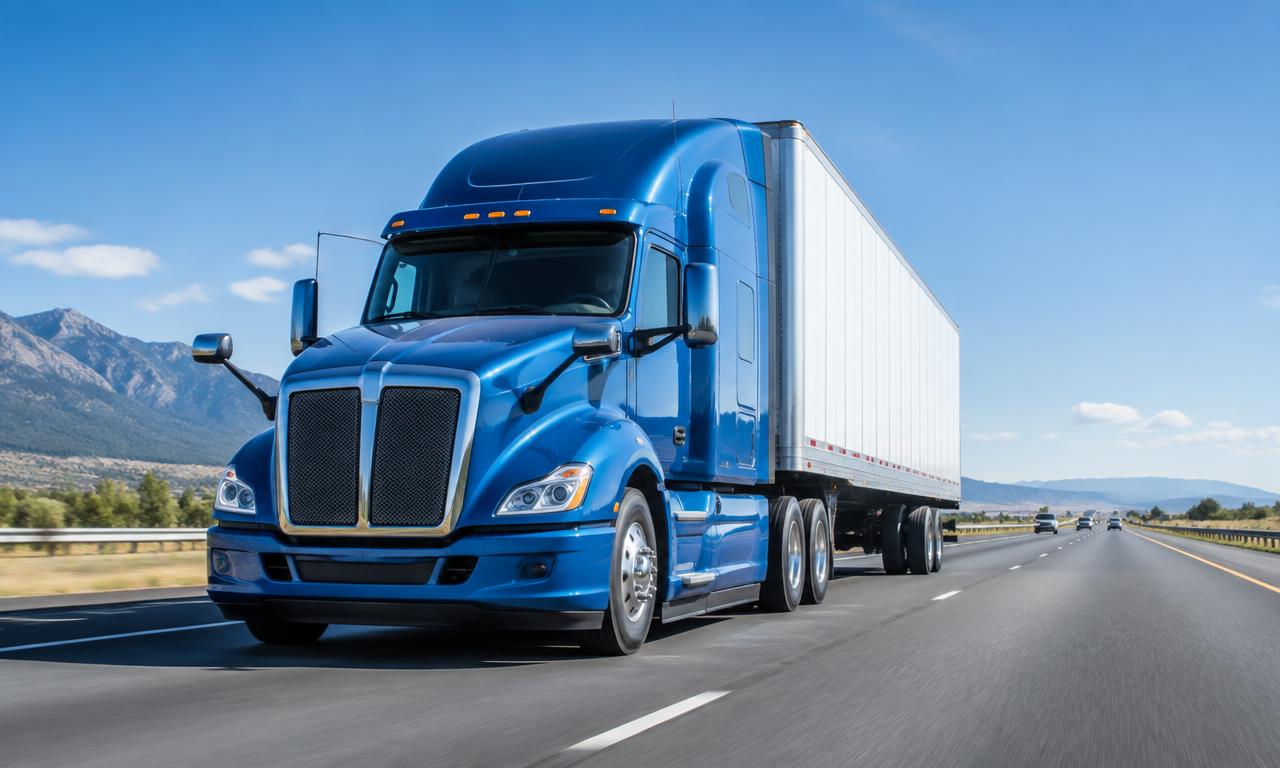 Blue semi-truck hauling freight on an open highway